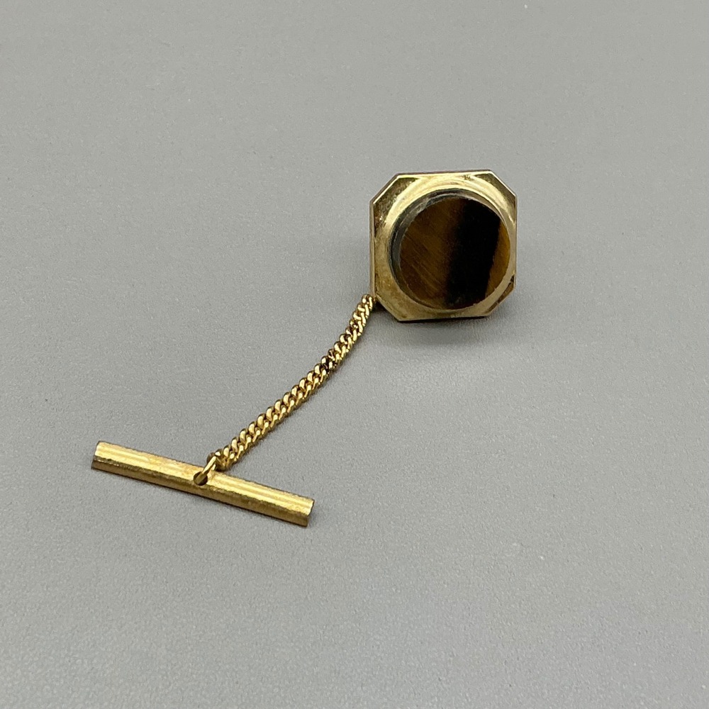 Vintage Gold Tone Tiger Eye Tie Tack Pin with Chain T-Bar Octagon Design Mens